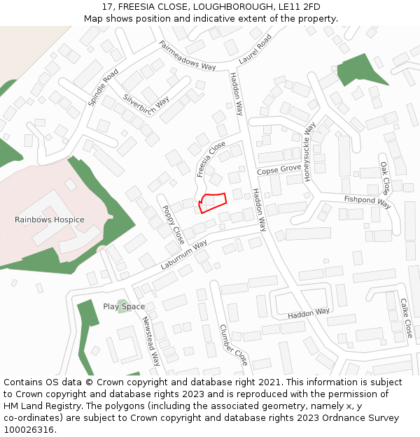 17, FREESIA CLOSE, LOUGHBOROUGH, LE11 2FD: Location map and indicative extent of plot