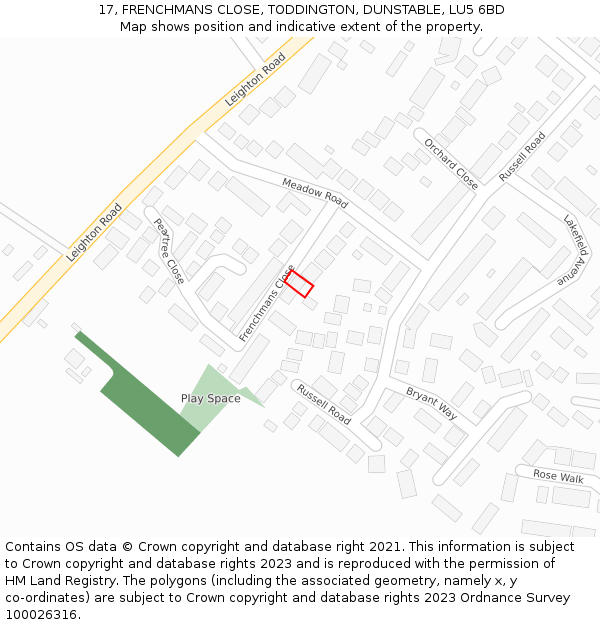 17, FRENCHMANS CLOSE, TODDINGTON, DUNSTABLE, LU5 6BD: Location map and indicative extent of plot