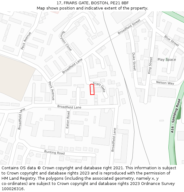 17, FRIARS GATE, BOSTON, PE21 8BF: Location map and indicative extent of plot