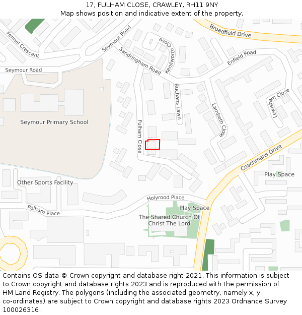 17, FULHAM CLOSE, CRAWLEY, RH11 9NY: Location map and indicative extent of plot