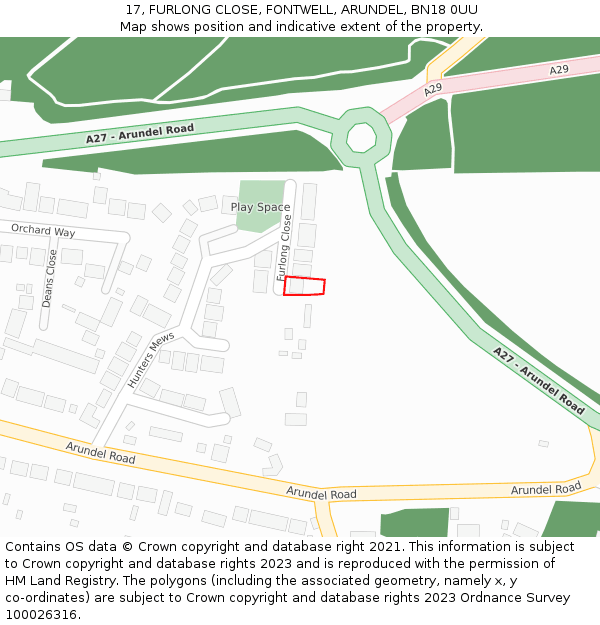 17, FURLONG CLOSE, FONTWELL, ARUNDEL, BN18 0UU: Location map and indicative extent of plot