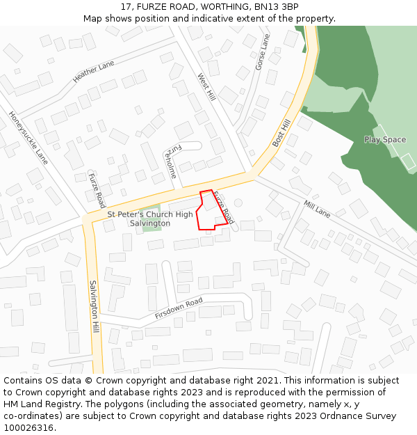 17, FURZE ROAD, WORTHING, BN13 3BP: Location map and indicative extent of plot