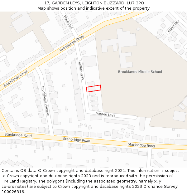 17, GARDEN LEYS, LEIGHTON BUZZARD, LU7 3PQ: Location map and indicative extent of plot