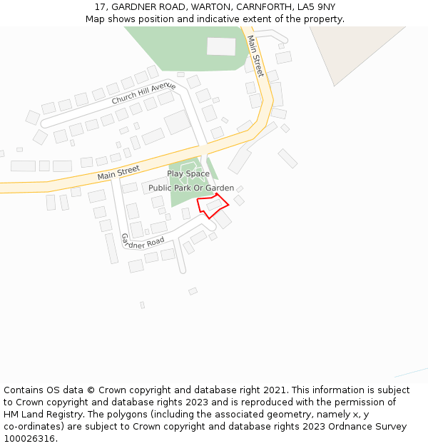 17, GARDNER ROAD, WARTON, CARNFORTH, LA5 9NY: Location map and indicative extent of plot