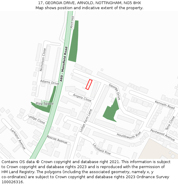 17, GEORGIA DRIVE, ARNOLD, NOTTINGHAM, NG5 8HX: Location map and indicative extent of plot