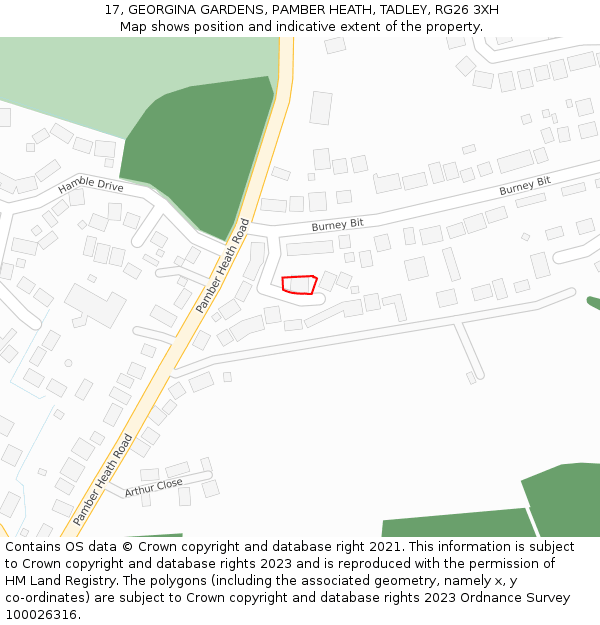 17, GEORGINA GARDENS, PAMBER HEATH, TADLEY, RG26 3XH: Location map and indicative extent of plot