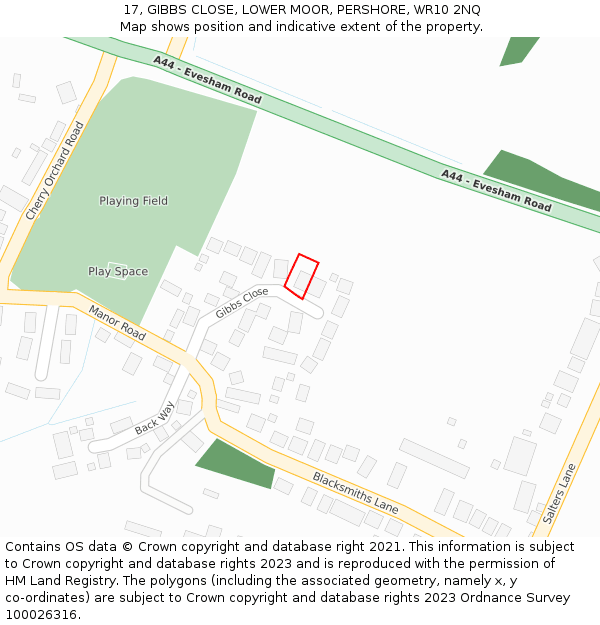 17, GIBBS CLOSE, LOWER MOOR, PERSHORE, WR10 2NQ: Location map and indicative extent of plot