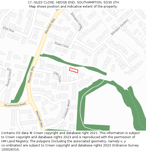 17, GILES CLOSE, HEDGE END, SOUTHAMPTON, SO30 2TH: Location map and indicative extent of plot