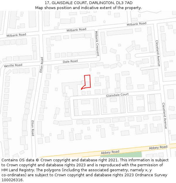 17, GLAISDALE COURT, DARLINGTON, DL3 7AD: Location map and indicative extent of plot