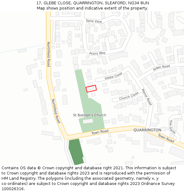 17, GLEBE CLOSE, QUARRINGTON, SLEAFORD, NG34 8UN: Location map and indicative extent of plot