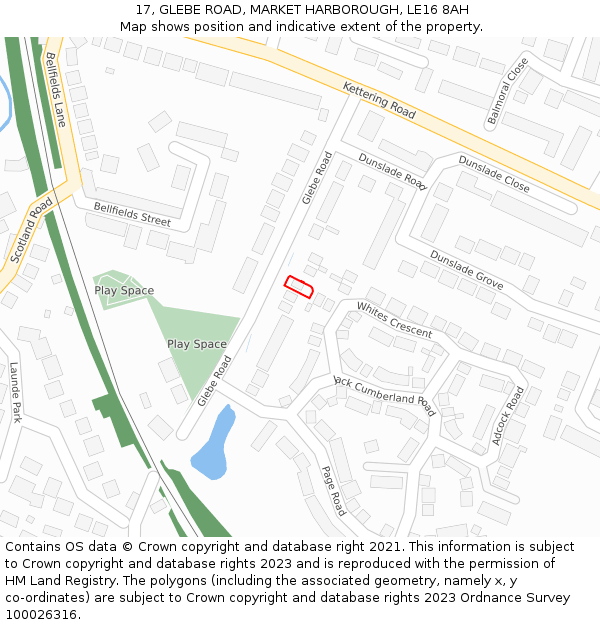 17, GLEBE ROAD, MARKET HARBOROUGH, LE16 8AH: Location map and indicative extent of plot