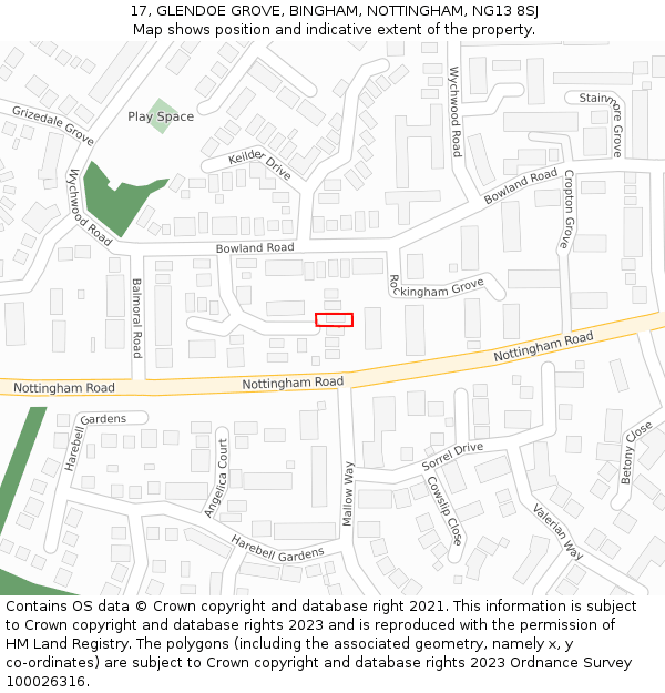 17, GLENDOE GROVE, BINGHAM, NOTTINGHAM, NG13 8SJ: Location map and indicative extent of plot
