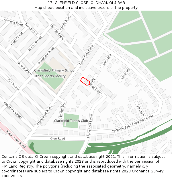 17, GLENFIELD CLOSE, OLDHAM, OL4 3AB: Location map and indicative extent of plot