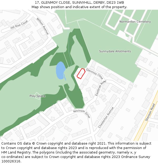 17, GLENMOY CLOSE, SUNNYHILL, DERBY, DE23 1WB: Location map and indicative extent of plot
