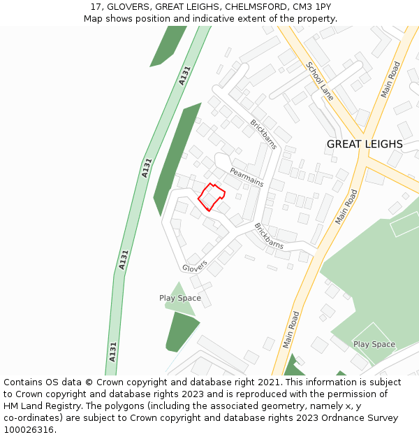 17, GLOVERS, GREAT LEIGHS, CHELMSFORD, CM3 1PY: Location map and indicative extent of plot