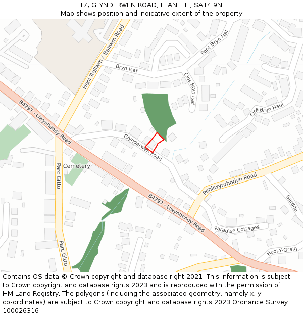 17, GLYNDERWEN ROAD, LLANELLI, SA14 9NF: Location map and indicative extent of plot