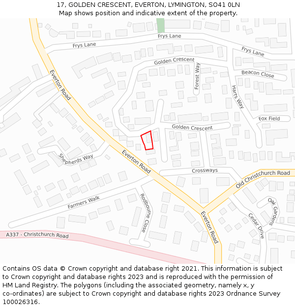 17, GOLDEN CRESCENT, EVERTON, LYMINGTON, SO41 0LN: Location map and indicative extent of plot