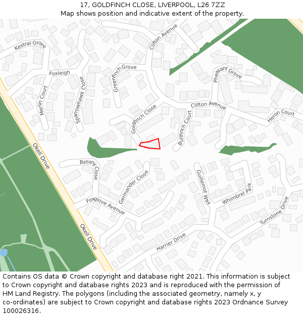 17, GOLDFINCH CLOSE, LIVERPOOL, L26 7ZZ: Location map and indicative extent of plot