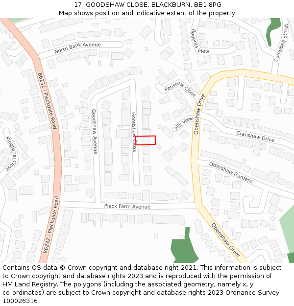 17, GOODSHAW CLOSE, BLACKBURN, BB1 8PG: Location map and indicative extent of plot