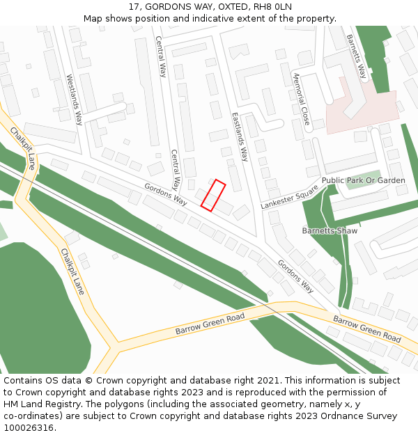 17, GORDONS WAY, OXTED, RH8 0LN: Location map and indicative extent of plot