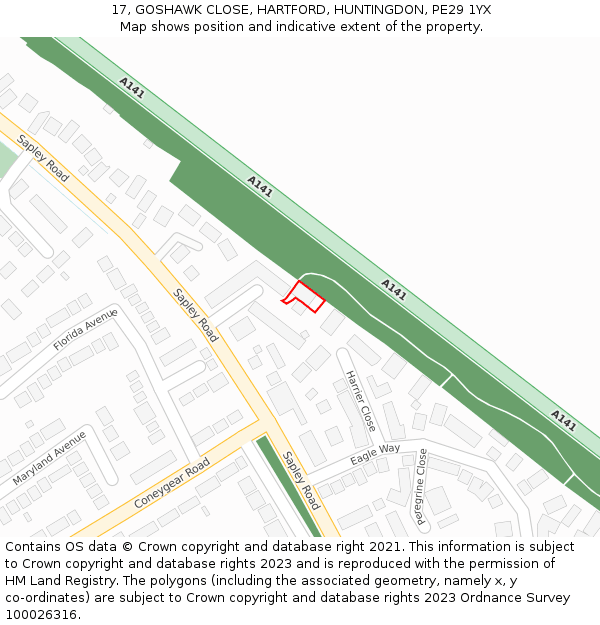 17, GOSHAWK CLOSE, HARTFORD, HUNTINGDON, PE29 1YX: Location map and indicative extent of plot