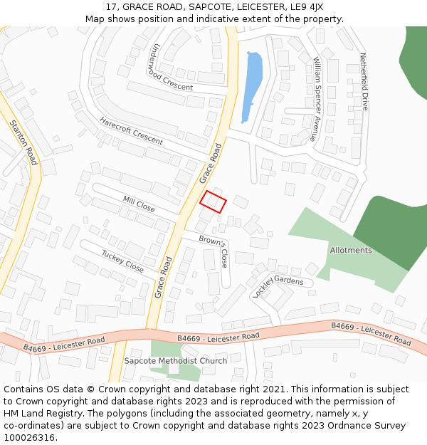 17, GRACE ROAD, SAPCOTE, LEICESTER, LE9 4JX: Location map and indicative extent of plot