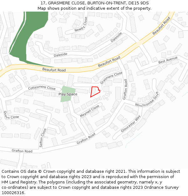 17, GRASMERE CLOSE, BURTON-ON-TRENT, DE15 9DS: Location map and indicative extent of plot