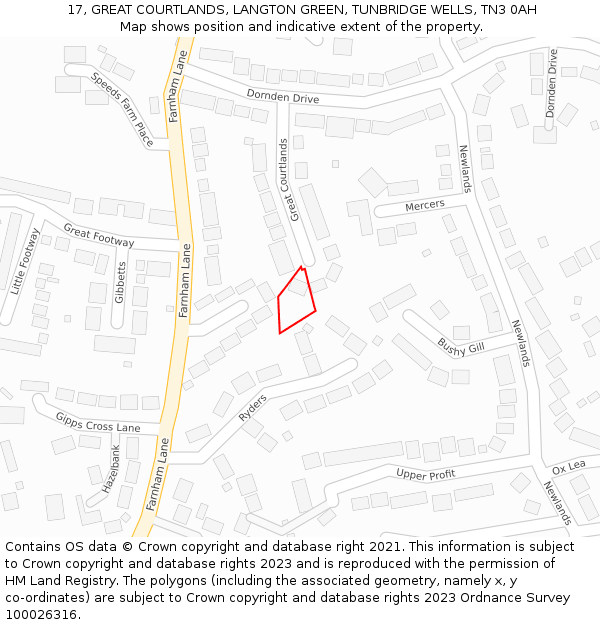 17, GREAT COURTLANDS, LANGTON GREEN, TUNBRIDGE WELLS, TN3 0AH: Location map and indicative extent of plot