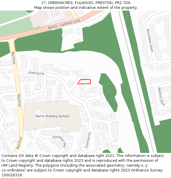 17, GREENACRES, FULWOOD, PRESTON, PR2 7DA: Location map and indicative extent of plot