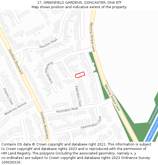 17, GREENFIELD GARDENS, DONCASTER, DN4 6TF: Location map and indicative extent of plot