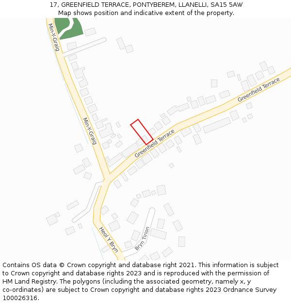 17, GREENFIELD TERRACE, PONTYBEREM, LLANELLI, SA15 5AW: Location map and indicative extent of plot