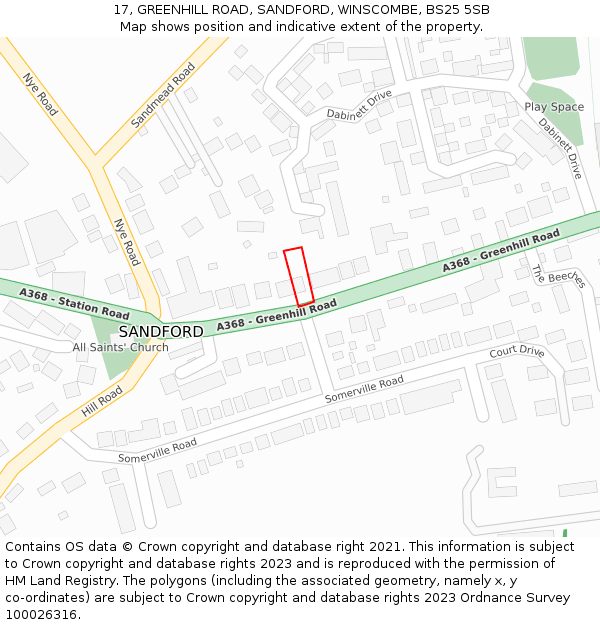 17, GREENHILL ROAD, SANDFORD, WINSCOMBE, BS25 5SB: Location map and indicative extent of plot