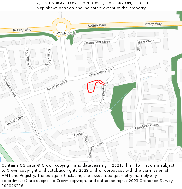 17, GREENRIGG CLOSE, FAVERDALE, DARLINGTON, DL3 0EF: Location map and indicative extent of plot