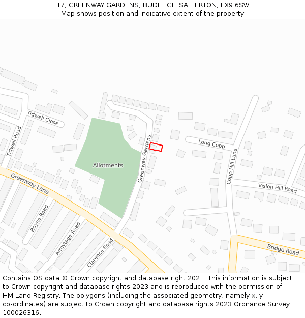 17, GREENWAY GARDENS, BUDLEIGH SALTERTON, EX9 6SW: Location map and indicative extent of plot