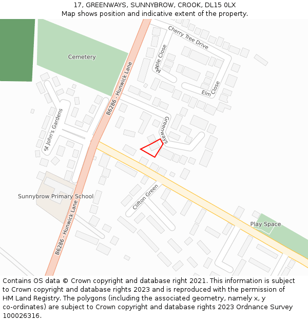 17, GREENWAYS, SUNNYBROW, CROOK, DL15 0LX: Location map and indicative extent of plot