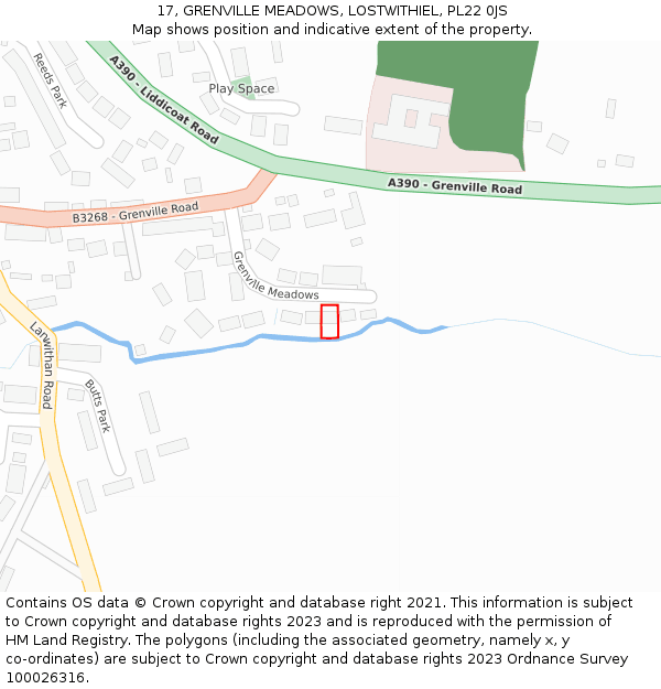 17, GRENVILLE MEADOWS, LOSTWITHIEL, PL22 0JS: Location map and indicative extent of plot