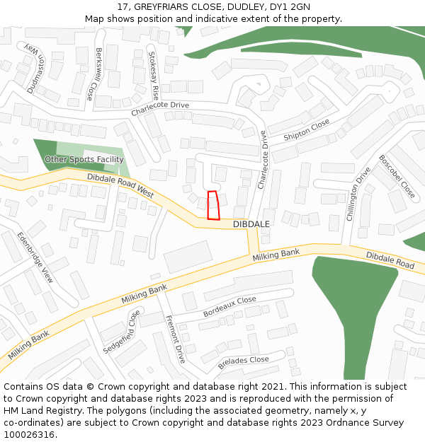 17, GREYFRIARS CLOSE, DUDLEY, DY1 2GN: Location map and indicative extent of plot