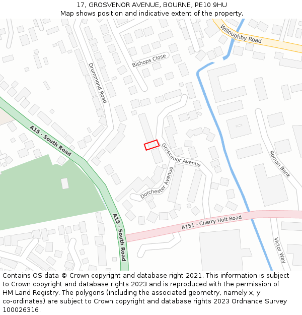 17, GROSVENOR AVENUE, BOURNE, PE10 9HU: Location map and indicative extent of plot