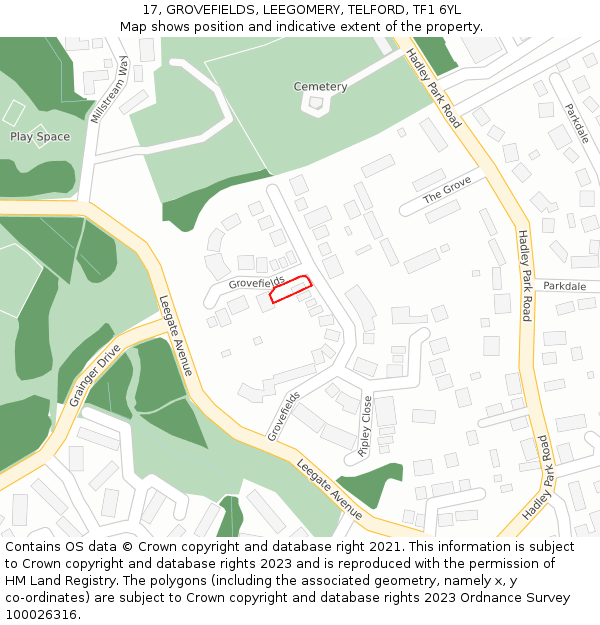 17, GROVEFIELDS, LEEGOMERY, TELFORD, TF1 6YL: Location map and indicative extent of plot