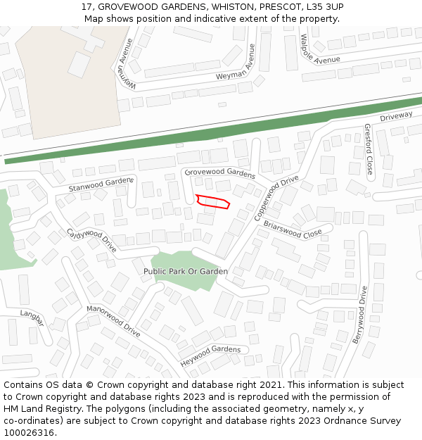 17, GROVEWOOD GARDENS, WHISTON, PRESCOT, L35 3UP: Location map and indicative extent of plot