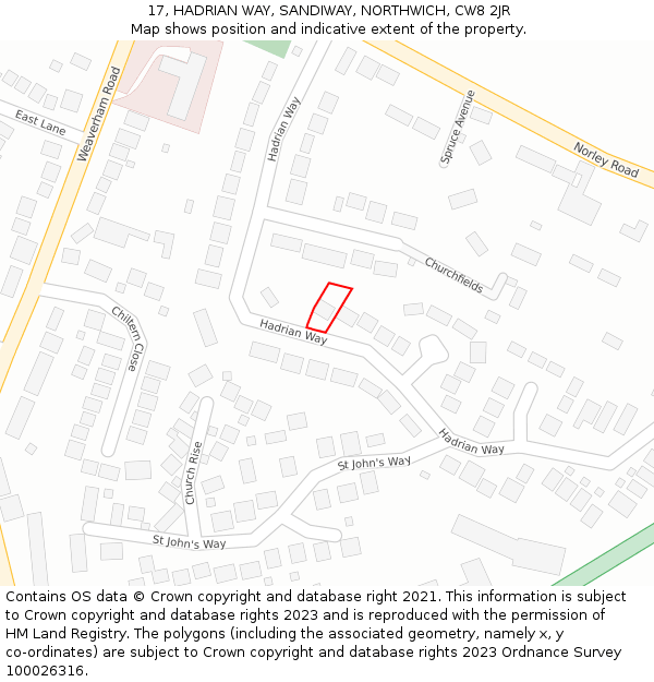 17, HADRIAN WAY, SANDIWAY, NORTHWICH, CW8 2JR: Location map and indicative extent of plot