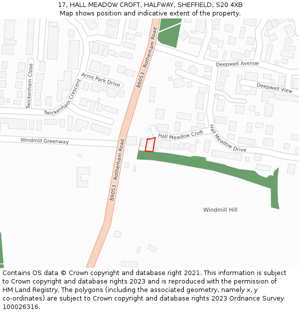 17, HALL MEADOW CROFT, HALFWAY, SHEFFIELD, S20 4XB: Location map and indicative extent of plot