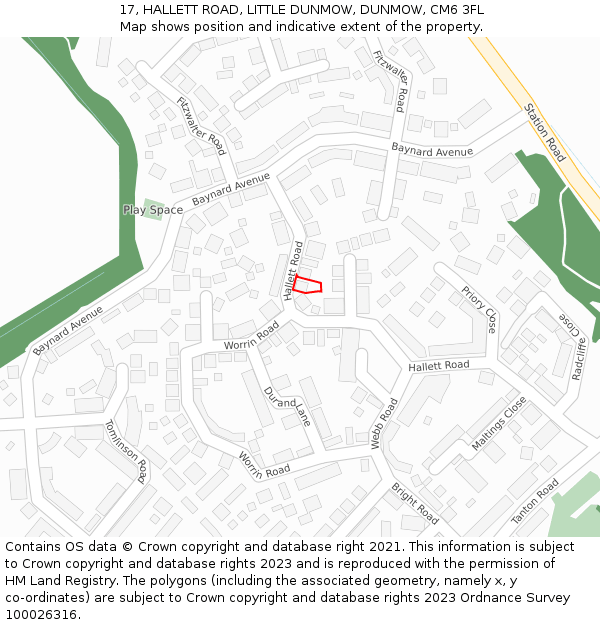 17, HALLETT ROAD, LITTLE DUNMOW, DUNMOW, CM6 3FL: Location map and indicative extent of plot