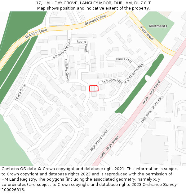 17, HALLIDAY GROVE, LANGLEY MOOR, DURHAM, DH7 8LT: Location map and indicative extent of plot