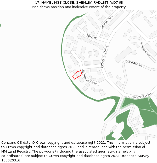 17, HAMBLINGS CLOSE, SHENLEY, RADLETT, WD7 9JJ: Location map and indicative extent of plot