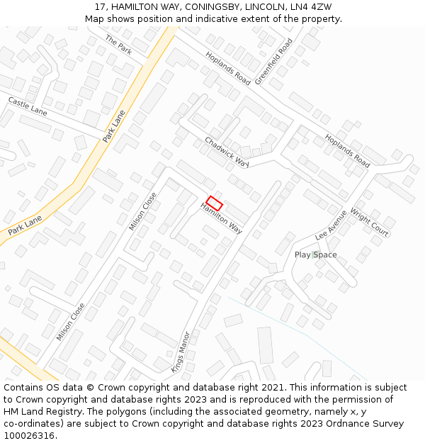 17, HAMILTON WAY, CONINGSBY, LINCOLN, LN4 4ZW: Location map and indicative extent of plot