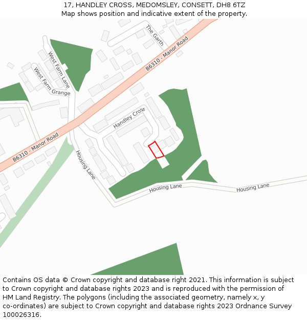 17, HANDLEY CROSS, MEDOMSLEY, CONSETT, DH8 6TZ: Location map and indicative extent of plot