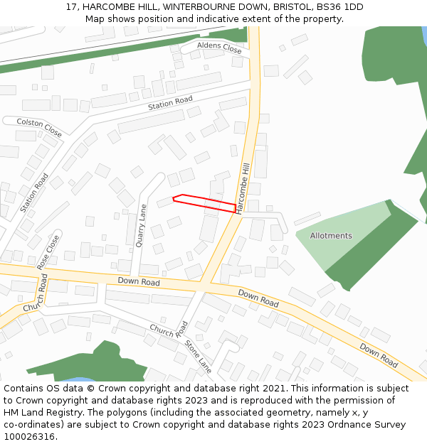 17, HARCOMBE HILL, WINTERBOURNE DOWN, BRISTOL, BS36 1DD: Location map and indicative extent of plot