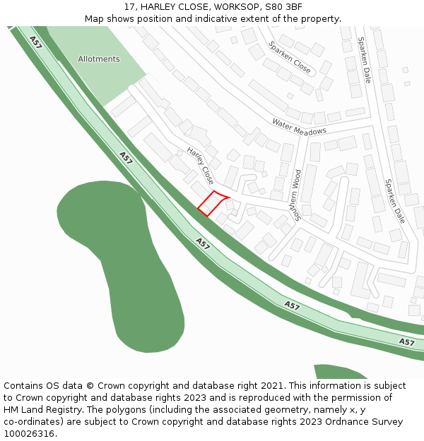 17, HARLEY CLOSE, WORKSOP, S80 3BF: Location map and indicative extent of plot