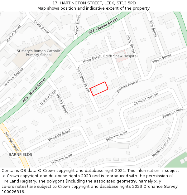 17, HARTINGTON STREET, LEEK, ST13 5PD: Location map and indicative extent of plot